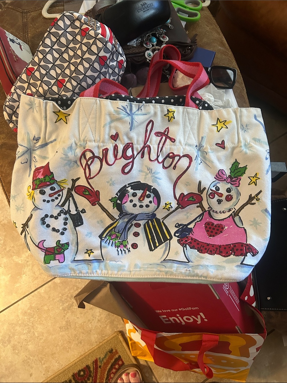 Brighton White Canvas Holiday Snowman Tote with Pink Accents